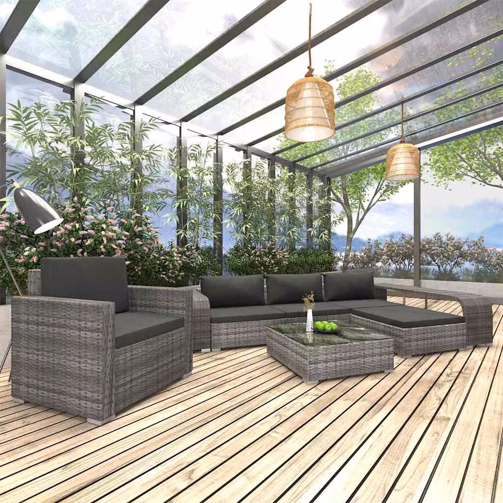Set Divani da Giardino vidaXL 8 Pezzi in Polyrattan Grigio con Cuscini e Tavolino con Piano in Vetro