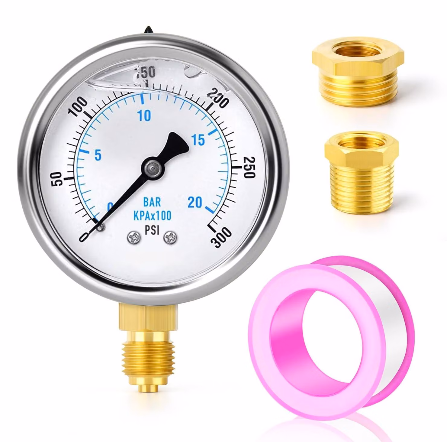 Manometro riempito di liquido, in acciaio inossidabile, scala da 0 a 21 bar / 0 a 300 PSI, attacco 1/4" BSP, quadrante da 2,5", adatto per acqua e olio