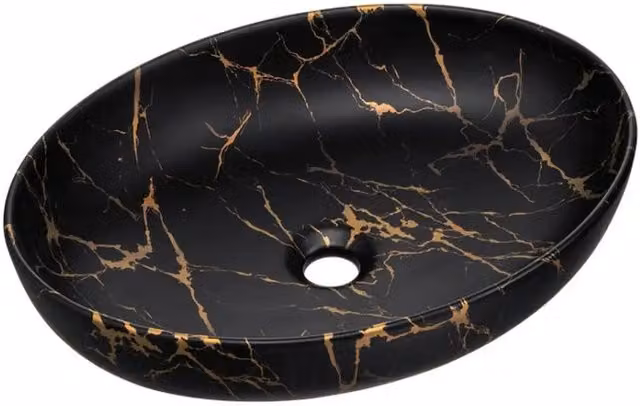 Lavabo da appoggio ovale 52x39,5 cm nero e dorato effetto marmo in ceramica