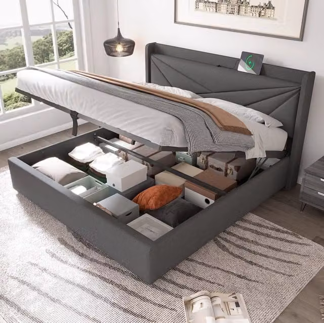 Letto matrimoniale contenitore ULEVR 140x200 cm con testiera imbottita, USB e Type-C, rivestimento grigio cotone e lino