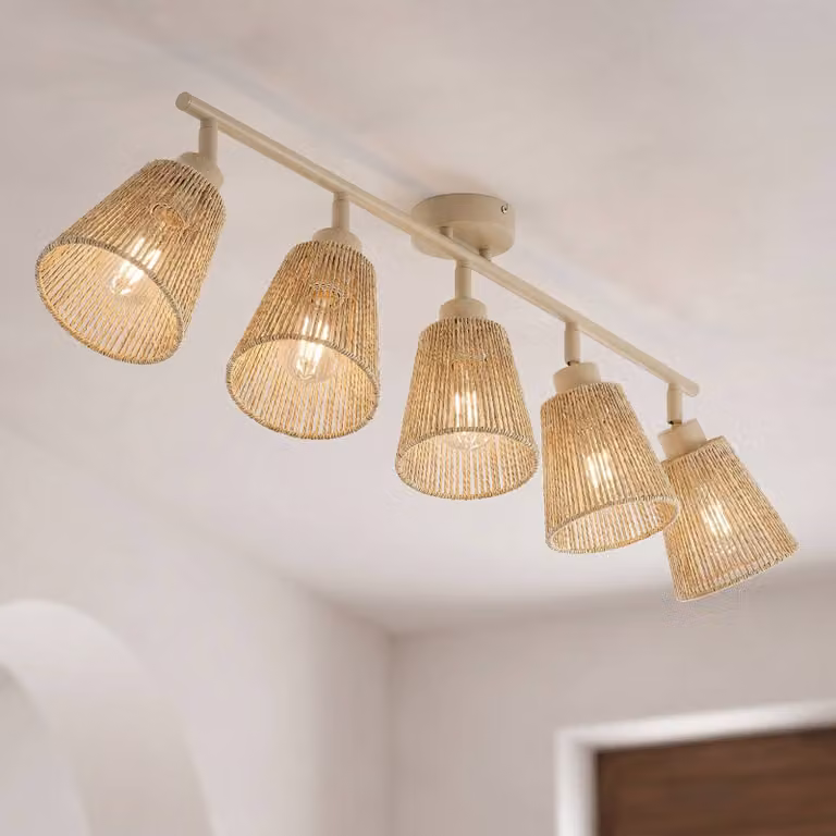 Faretto da soffitto Lindby Anuva, 86 cm, a 5 luci, beige, carta Anuva Lindby, dimmerabile, Crema / Ambra, Soggiorno / Sala da pranzo, Carta / Lunolit / Lunopal, Campagna / Rustiche, Faretto