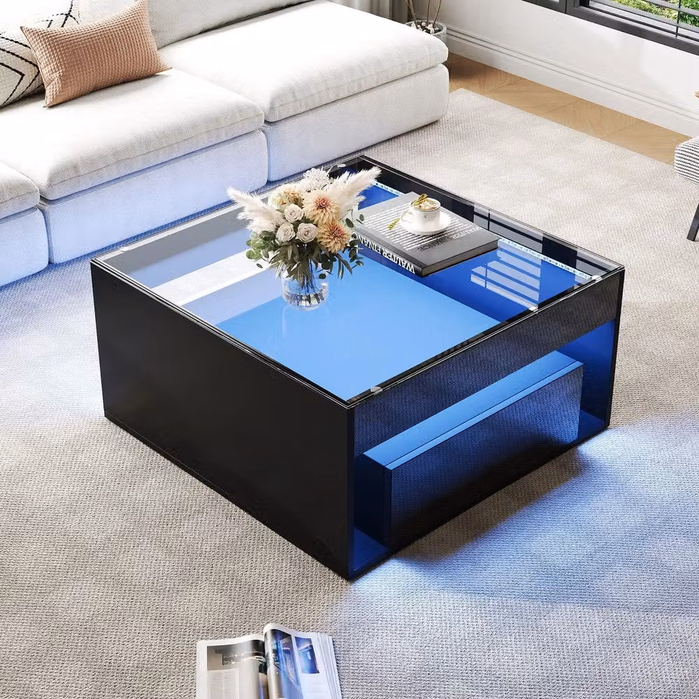 Tavolino da caffè MINIMAL con LED e cassetti in vetro temperato e MDF, Nero, L: 70 cm, P: 70 cm, H: 35 cm – 2