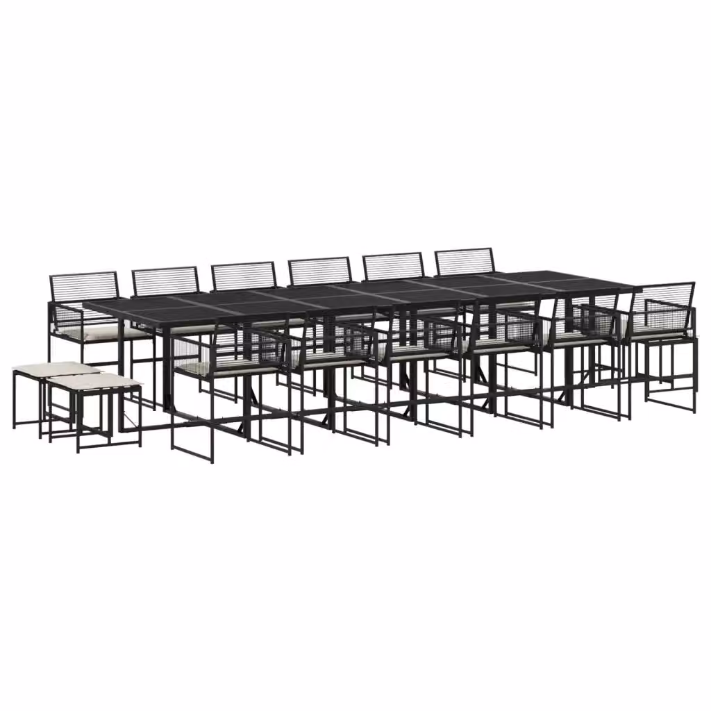 Set da Pranzo da Giardino vidaXL in Polyrattan Nero con Cuscini Bianchi e Tavolo in Vetro, 17 Pezzi – 2