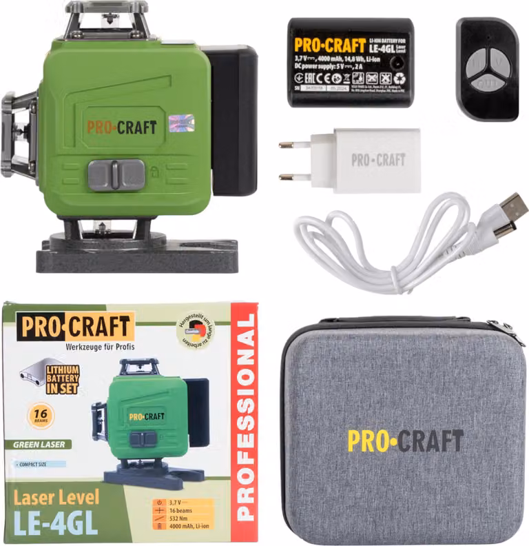 Laser a linee incrociate a batteria Procraft LE-4GL 3,7 V 40 m verde autolivellante + 1x batteria 4,0 Ah + caricabatterie