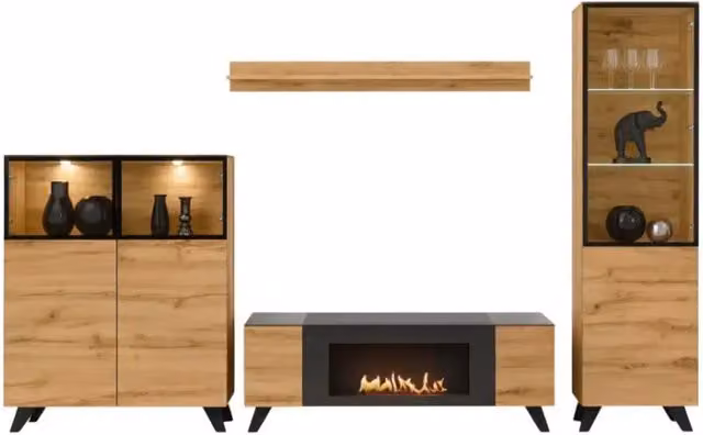 Set da salotto TINO Meublorama con camino bio-etanolo in stile industrial, Rovere scuro e nero, L: 340 cm, H: 197 cm, P: 45 cm