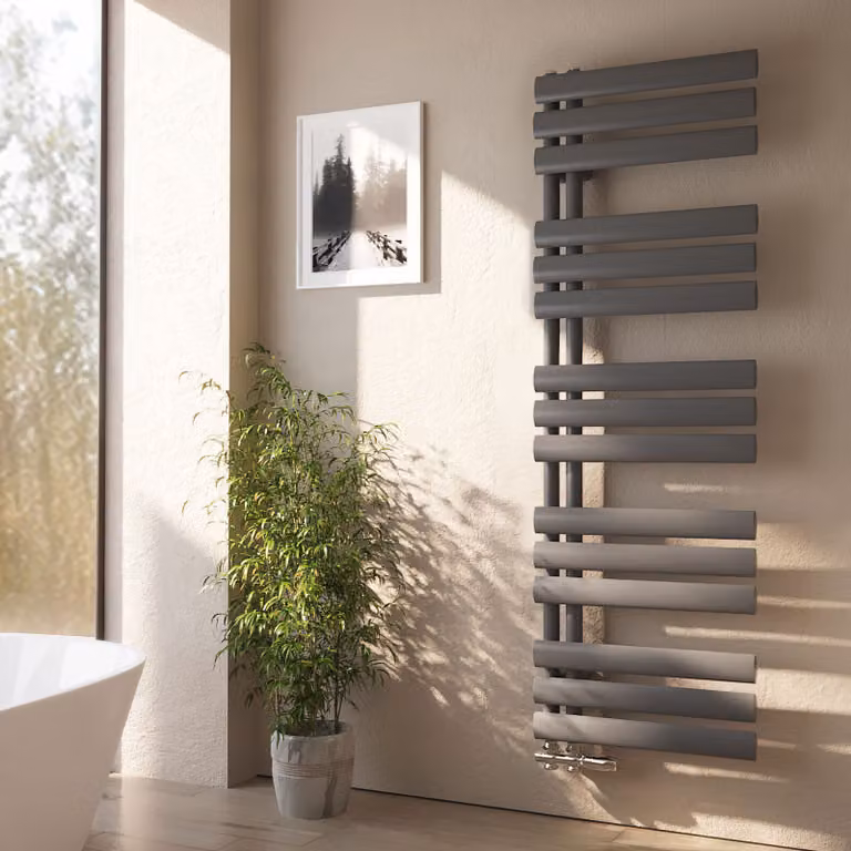 Radiatore bagno EMKE Radiatore bagno tubolare ovale Asciugasalviette Radiatore tubolare Attacco laterale verticale per l'acqua Antracite 143×40 cm senza elemento riscaldante