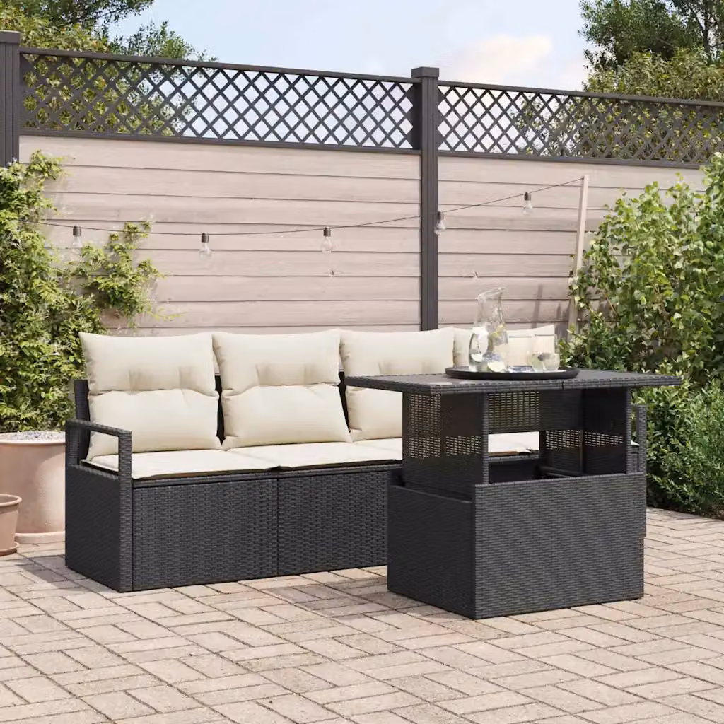 Set Divano da Giardino vidaXL 5 Pezzi a Forma di U con Tavolino e Pouf Nero e Beige – 1