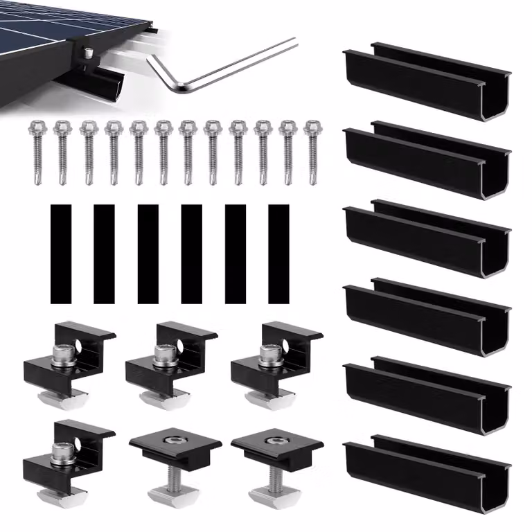 Supporto per pannelli solari per 2 moduli, con profilato in alluminio da 12 cm e morsetto regolabile per moduli di spessore da 30 a 35 mm
