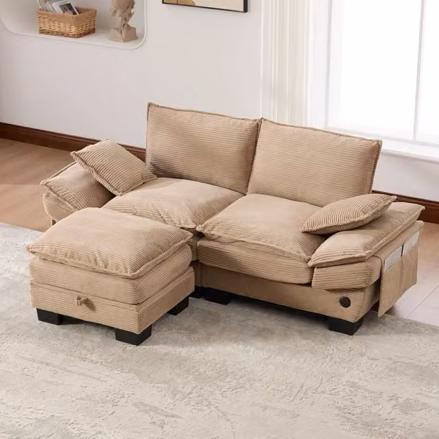 Divano a 2 posti OKWISH in velluto a coste con pouf coordinato, ricarica USB, design moderno beige per soggiorno