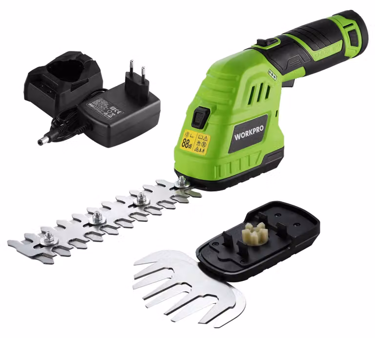 WORKPRO, cesoie da siepe a batteria da 12V, 2-in-1, colore verde. Tagliabordi portatile per erba con 2 lame, batteria da 2Ah e caricabatterie. Potatore elettrico per siepi e bordi, ideale per il giardinaggio. Larghezza di taglio: 12,5 cm, lunghezza di tag