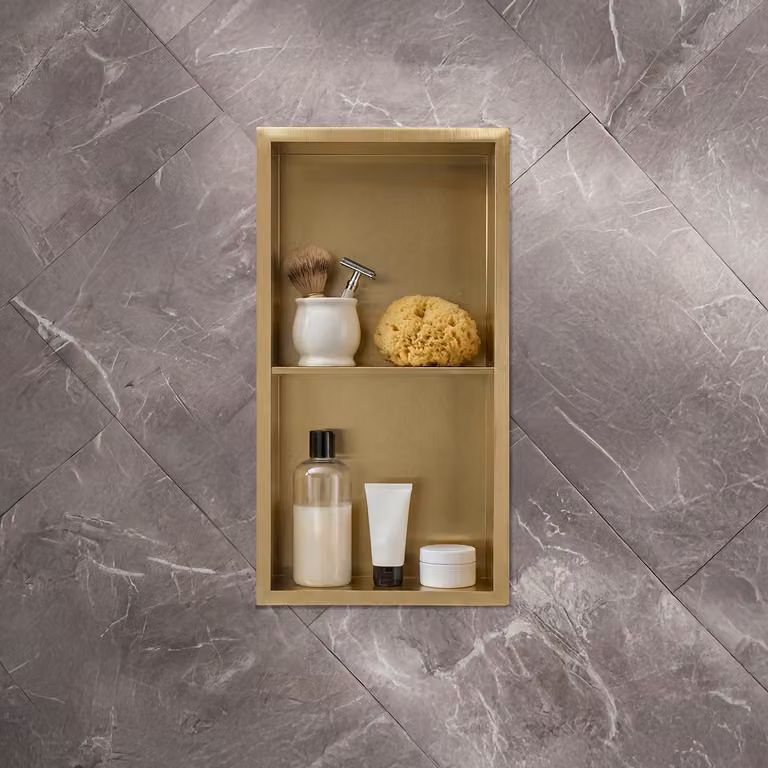 Nicchia Doccia a Muro per Bagno - 340mm x 640mm - Rettangolare con Mensola Portaoggetti - Oro Satinato