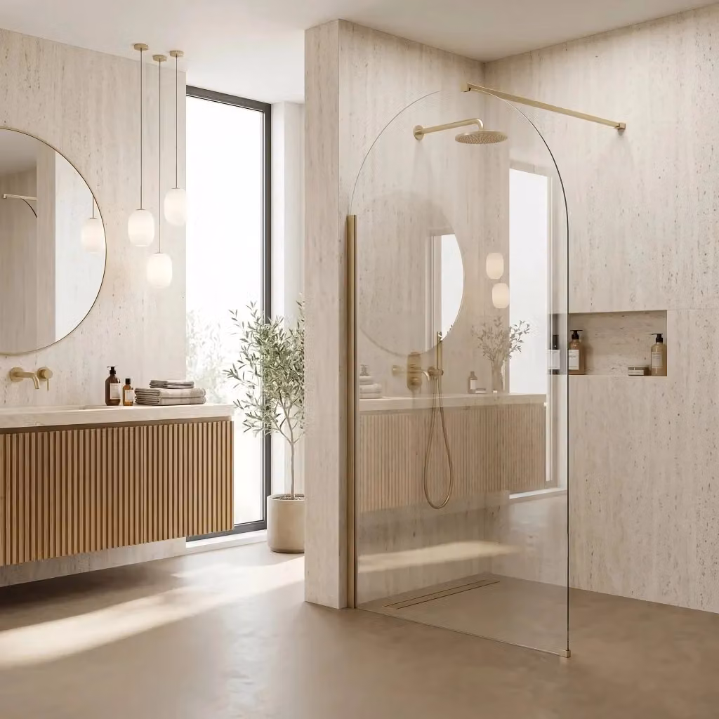 Parete Doccia Walk-in Rea Heaven Asimmetrica in Vetro Trasparente con Profilo Gold Brush e Trattamento Easy Clean, L: 90 cm, P: 8 cm – 2