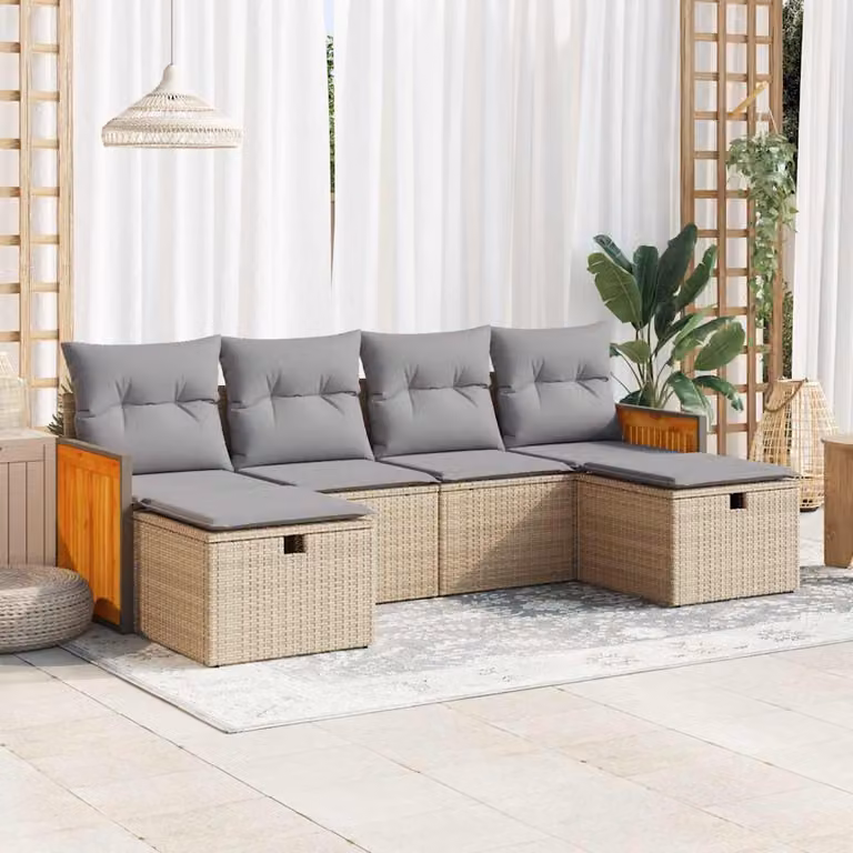 Set Divano da Giardino vidaXL a L composto da 6 pezzi con Cuscini Beige e Struttura in Legno di Acacia e Metallo