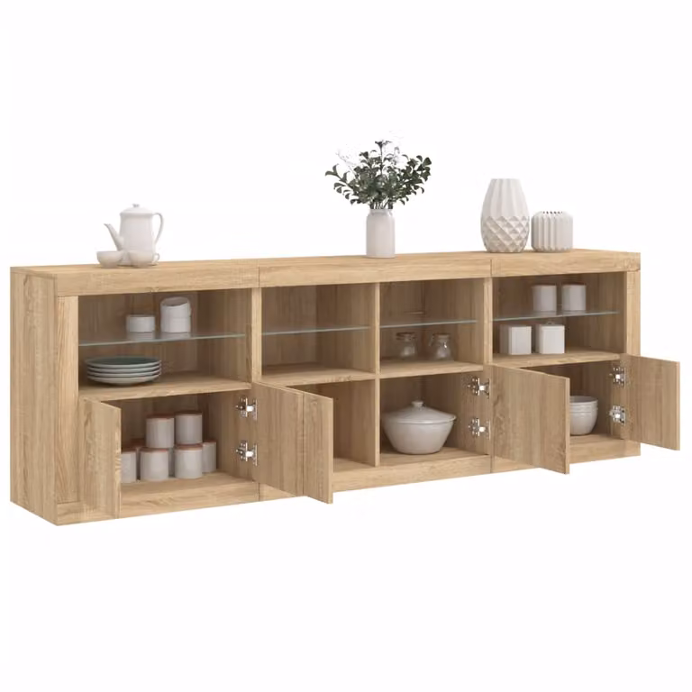 Credenza moderna vidaXL con luci LED in rovere, colore marrone, L: 202 cm, P: 37 cm, H: 67 cm
