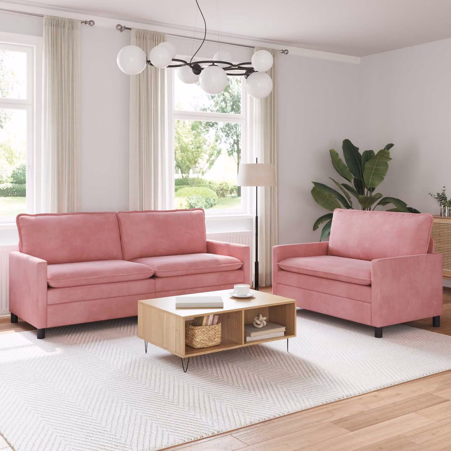 Set di 2 divani moderni vidaXL in velluto rosa con cuscini decorativi e coperture rimovibili