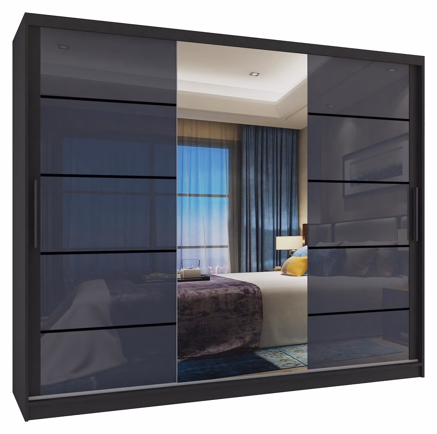 BELINI Verona, armadio scorrevole da 232 cm, nero/grigio lucido - armadio con specchio e 4 cassetti, ideale per la camera da letto