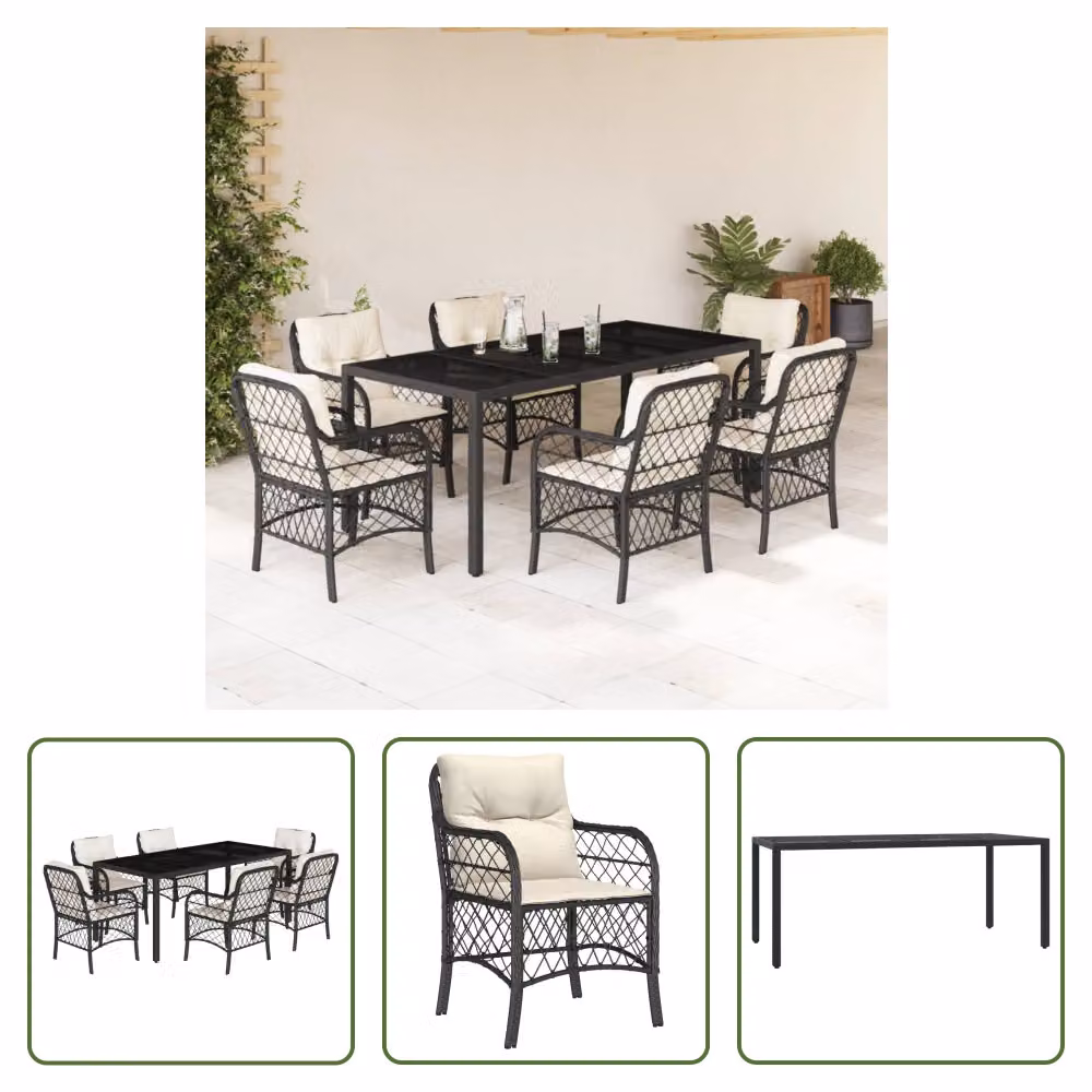 The Living Store Set da pranzo da giardino 7 pezzi con cuscini in polirattan nero