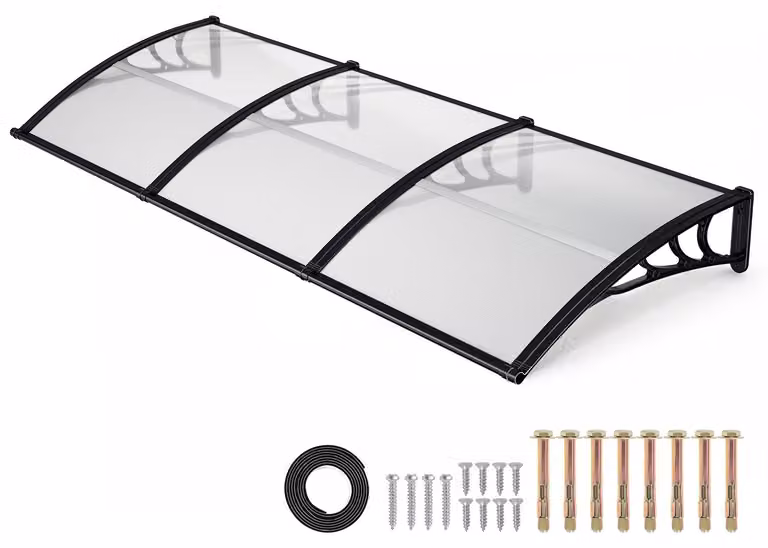 Tettoia per porta d'ingresso Ikodm con grondaia, 300 x 100 cm, policarbonato, nero/trasparente