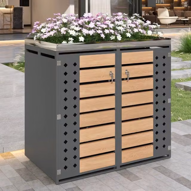 Porta bidoni da esterno con fioriera integrata; 2 vani; 132x80x124;6 cm; grigio e legno