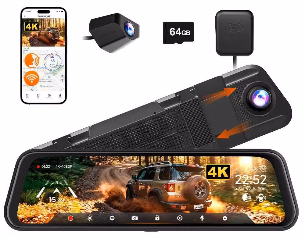 Dash cam, risoluzione 4K + 1080p, doppia fotocamera, SENZA KIT PRECONFIGURATO, scheda TF da 64 GB in omaggio