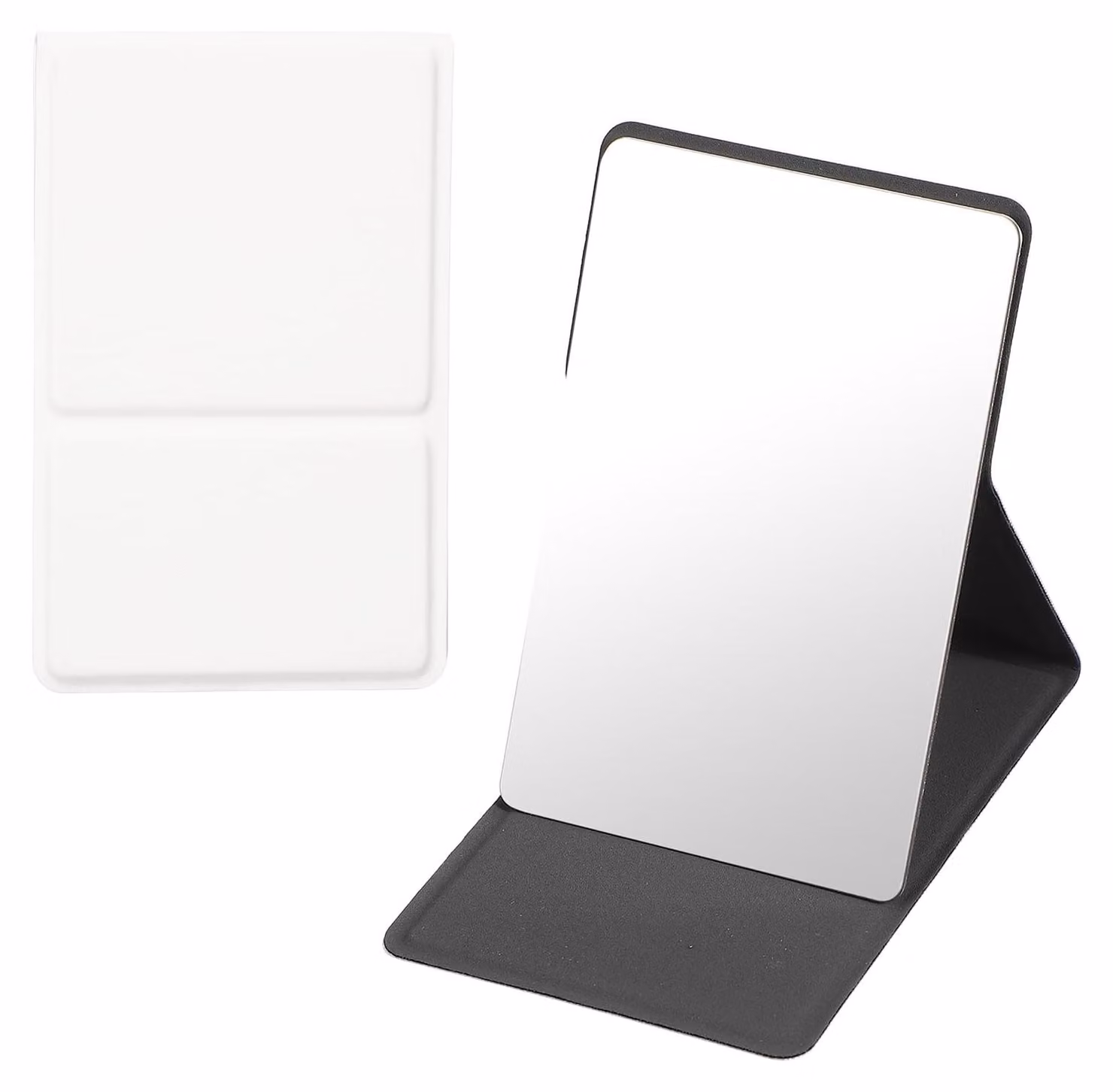 Specchio da tasca pieghevole, dimensioni 9x5,6 cm, acciaio inossidabile, custodia in pelle, colore bianco