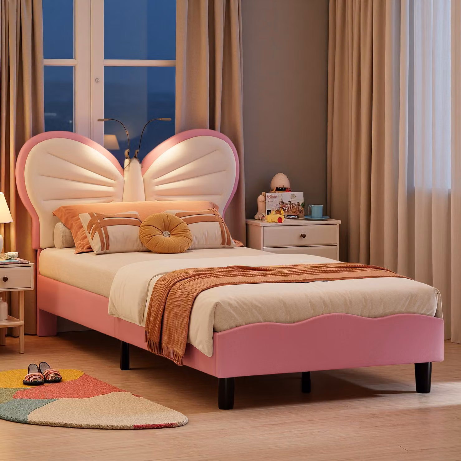 Letto imbottito UnboxG 90x200 cm con lampade da lettura a LED, testata a farfalla, regolabile in altezza, letto singolo in velluto per materassi da 10-15 cm, letto per ragazzi