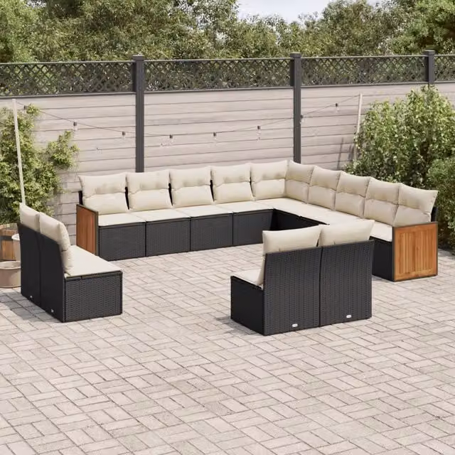 Set di divani da giardino a forma di U vidaXL in polyrattan e legno di acacia con cuscini bianchi e neri – 1