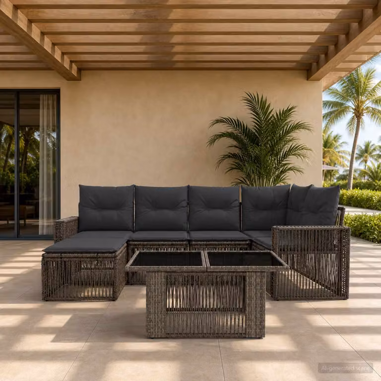 Set Divano da Giardino vidaXL 7 Pezzi in Polyrattan Grigio e Antracite con Tavolino e Cuscini