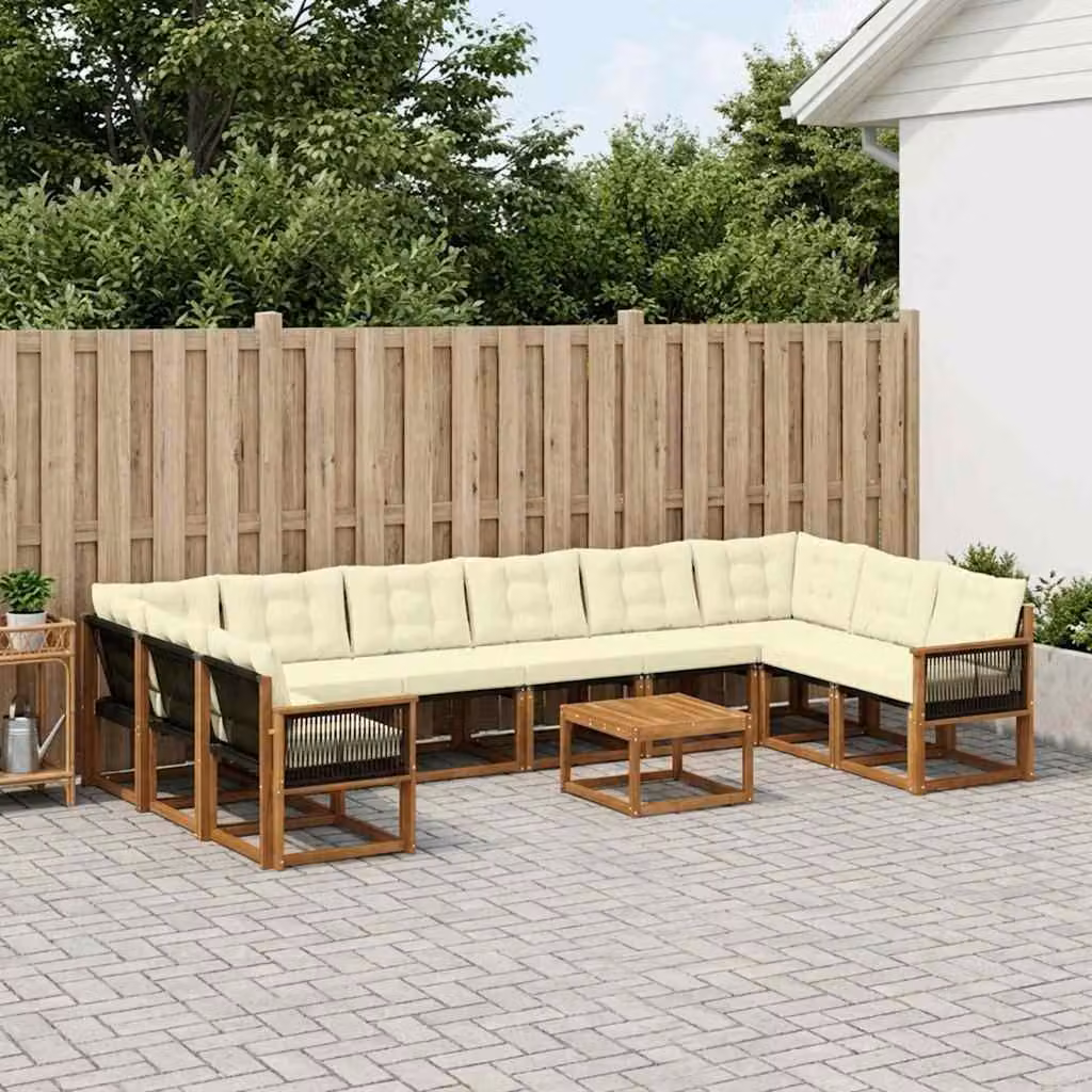 vidaXL Set di divani da esterno componibile a L in legno di acacia con cuscini, 11 pezzi, Beige, Bianco e Marrone