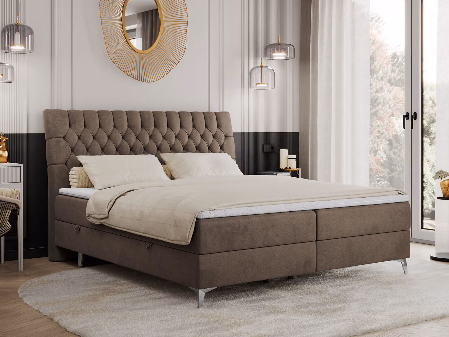 Letto boxspring 140x200 con 2 contenitori, materasso e topper, letto imbottito 140x200, letto 140x200 - MILEN - 140x200 cm - Marrone - Velluto - H4