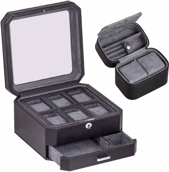 Cassetto orologio in legno di 6 compartimenti con 2 scatole per orologi e vetrata - Organizzatore di cassetti orologio in legno con coperchio vetrato (Nero/Grigio)