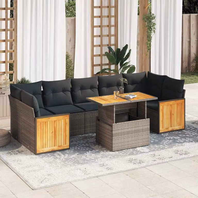 Set Divano da Giardino vidaXL 8pz in Polyrattan e Legno di Acacia con Cuscini Grigio
