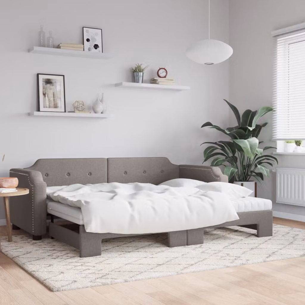 vidaXL Divano Letto Estraibile Moderno in Tessuto con Cassetto, Colore Grigio/Beige, L/P/H: 223 x 90 x 66,5 cm, Materasso 80x200 cm
