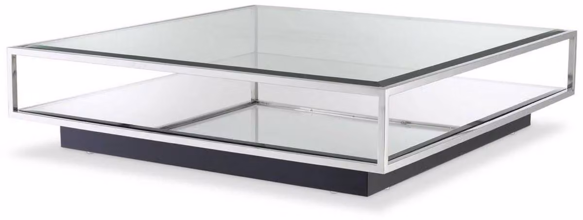 Tavolino Casa Padrino argento/nero 120 x 120 x h. 30 cm - Tavolo da salotto quadrato in acciaio inox con vetro a specchio e piano in vetro - Mobili da salotto - Qualità lusso
