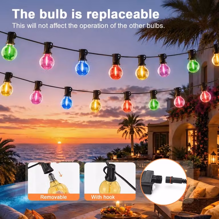 Catena luminosa LED G40 con lampadine a forma di sfera, lunghezza 20 metri, 25 lampadine, 8 modalità di illuminazione, grado di protezione IP44 (resistente all'acqua), spina EU per alimentazione 220–240 V, multicolore