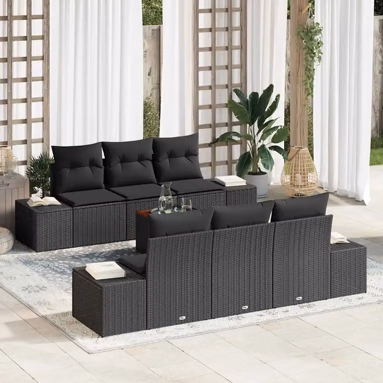 Set Divano da Giardino vidaXL 7 Pezzi Nero con Cuscini e Tavolino in Polyrattan e Acciaio