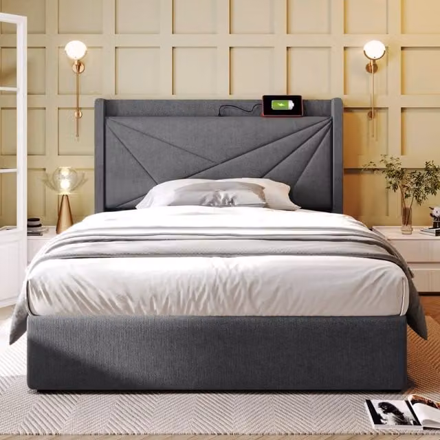 Letto contenitore singolo imbottito 90x200 cm con testiera USB-C e vani; rete a doghe; rivestimento in lino