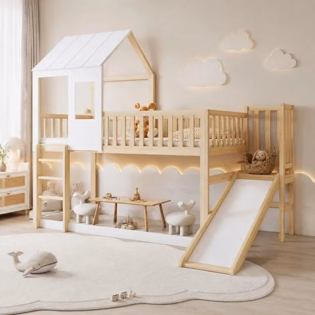 Letto a castello per bambini 90x200 cm con scivolo; tetto e finestra; in legno naturale e bianco