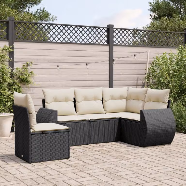 vidaXL Set Divani da Giardino a L 5 pz in Polyrattan con Cuscini Bianchi e Struttura in Acciaio Nero