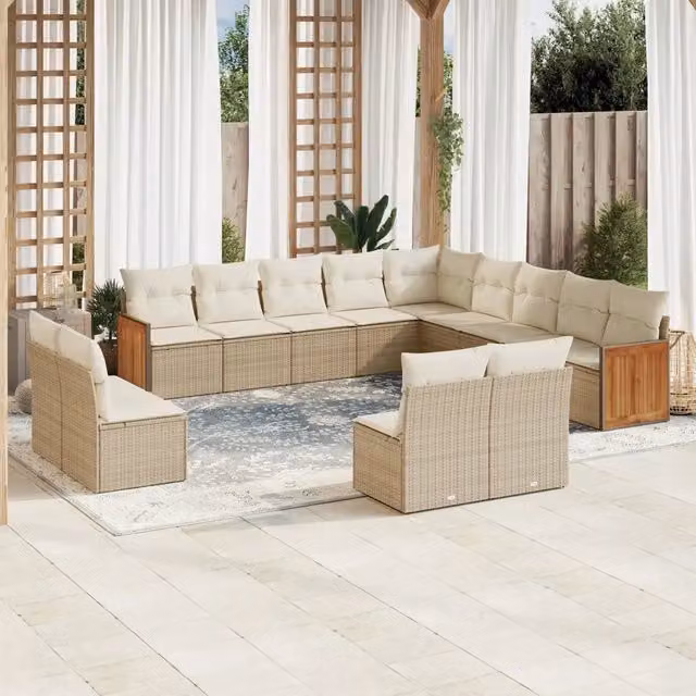 Set Divano da Giardino a Forma di U vidaXL con 13 Pezzi, Polyrattan e Cuscini Beige con Rivestimenti Rimovibili e Struttura in Acciaio Verniciato a Polvere – 1