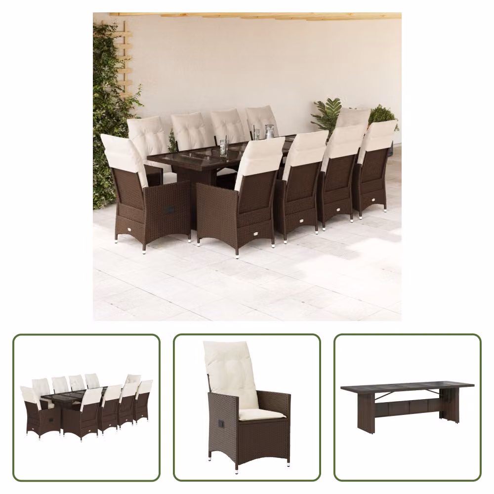 The Living Store Set bistrot da giardino 11 pezzi con cuscini in poly rattan marrone