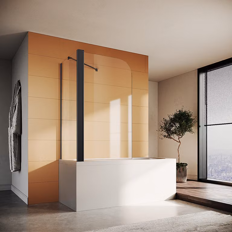 Schermo pieghevole per vasca SONNI, schermo doccia per vasca 80 x 140 cm NANO ESG vetro 6 mm, con pannello laterale 70x140 cm, cabina doccia nera
