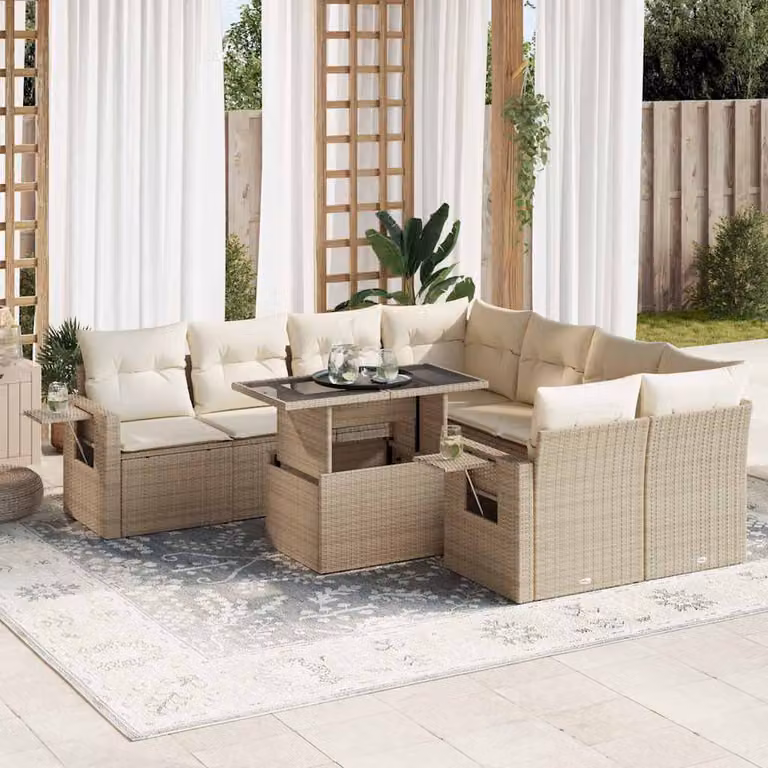 Set Divano da Giardino a L vidaXL 9 pz con Cuscini Beige e Tavolino in Polyrattan e Metallo