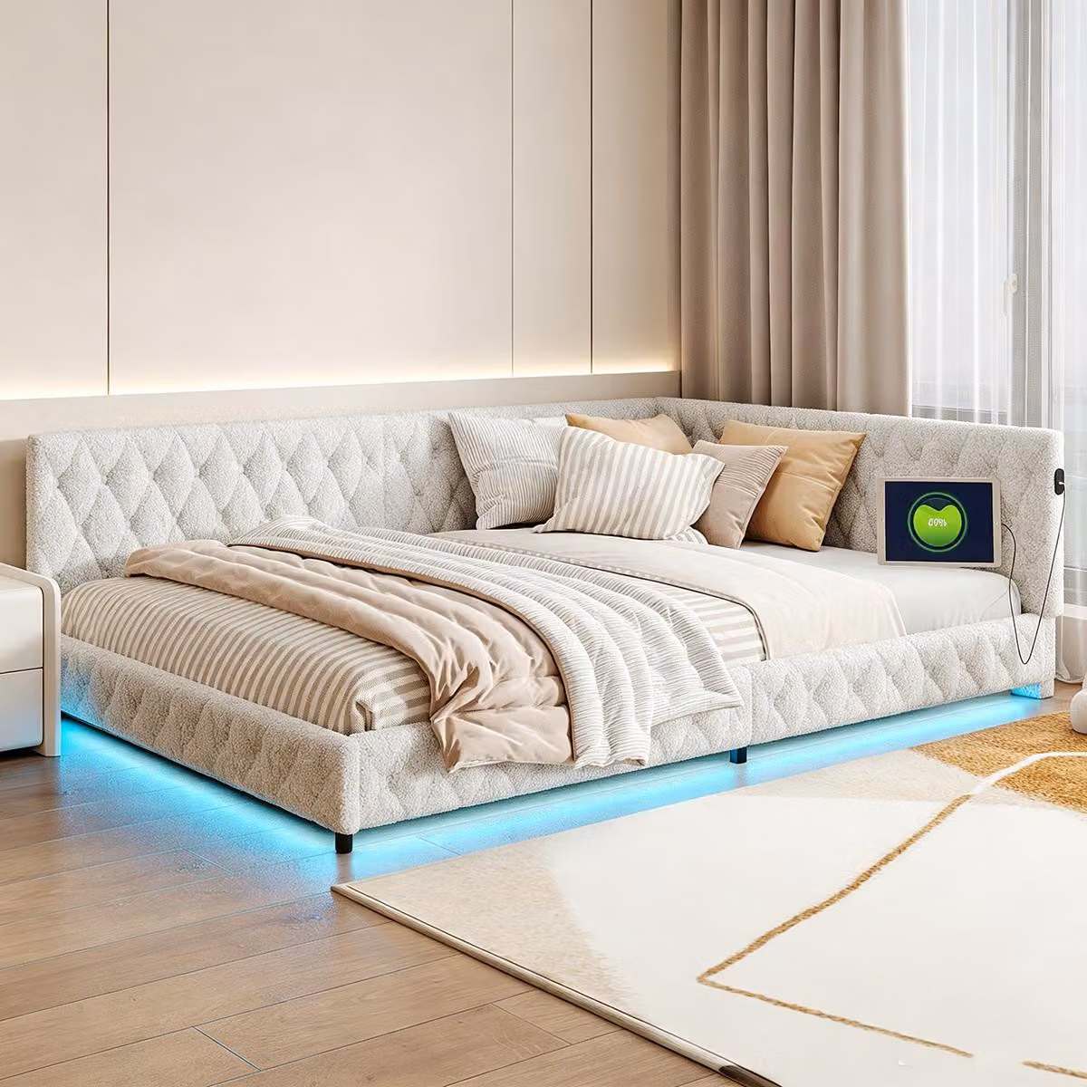 Letto imbottito INONEFT, 140x200 cm, con interfaccia LED e USB, divano letto multifunzione con rete a doghe, letto matrimoniale per ragazzi, rivestito in pile effetto peluche, color beige.
