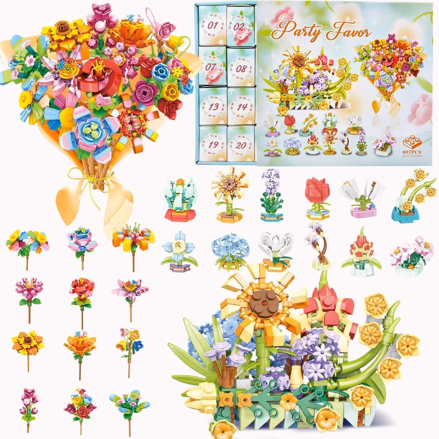 Calendario dell'Avvento con kit per creare composizioni floreali, 24 fiori artificiali, decorazioni, 897 pezzi
