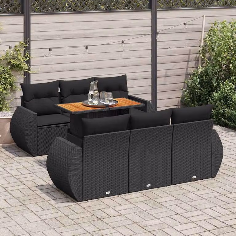 Set Divani da Giardino vidaXL a Forma di L con Cuscini e Tavolino, Polyrattan e Legno di Acacia, Nero