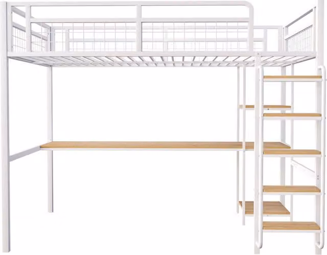 Letto a soppalco matrimoniale Chicfurn in metallo bianco con scala di sicurezza, tavolo e ripiani laterali, L/P: 140 x 200 cm