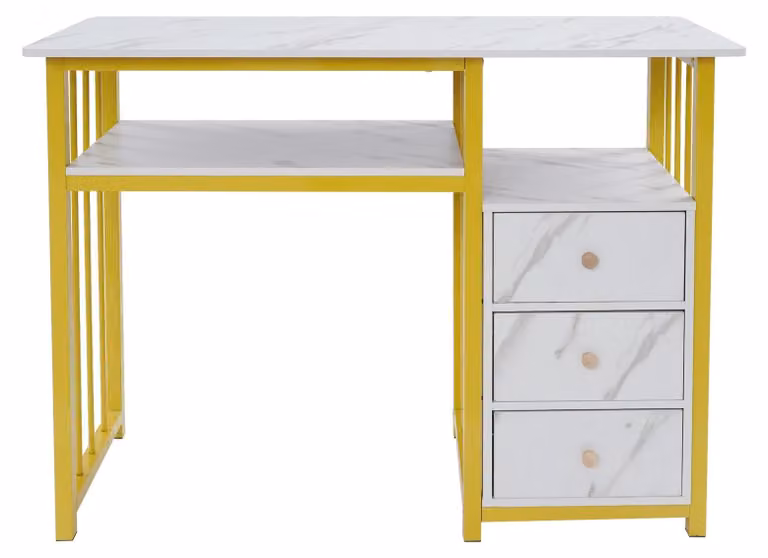 Tavolo per manicure - Tavolo per trattamenti alle unghie, dimensioni 100 x 40 x 76 cm - Aspetto marmo - 3 cassetti - Montaggio a pavimento - Struttura in metallo - Colore oro e bianco