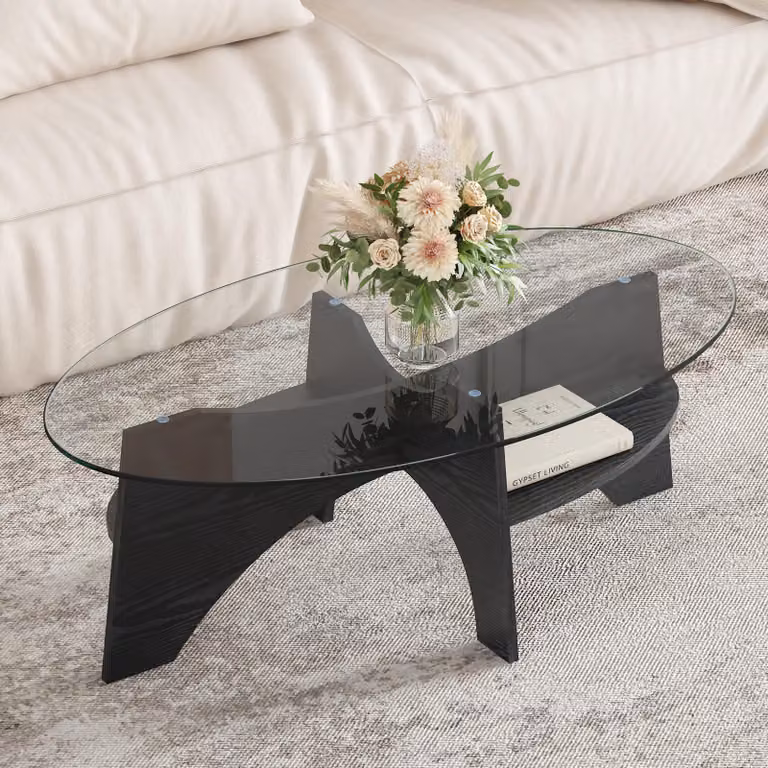 okwish Tavolino ovale, tavolino da salotto, piano in vetro temperato - struttura a ventaglio - modello stabile per il soggiorno - Nero