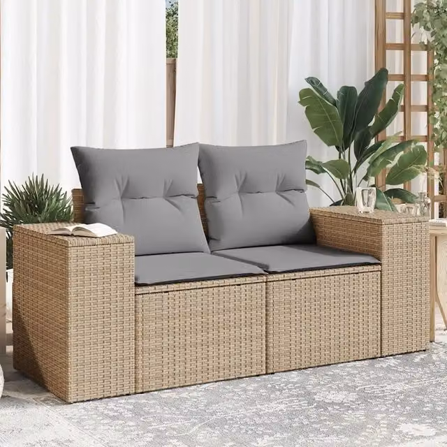 Divano da giardino a 2 posti Design Mania in polyrattan beige con cuscini inclusi